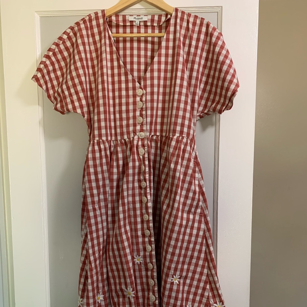 Daisy Embroidered Gingham Button-Front Midi Dress